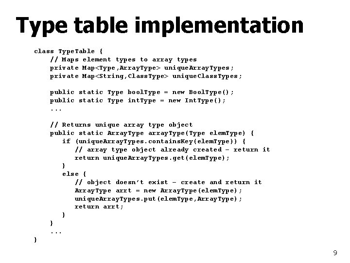 Type table implementation class Type. Table { // Maps element types to array types