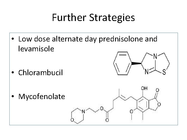 Further Strategies • Low dose alternate day prednisolone and levamisole • Chlorambucil • Mycofenolate
