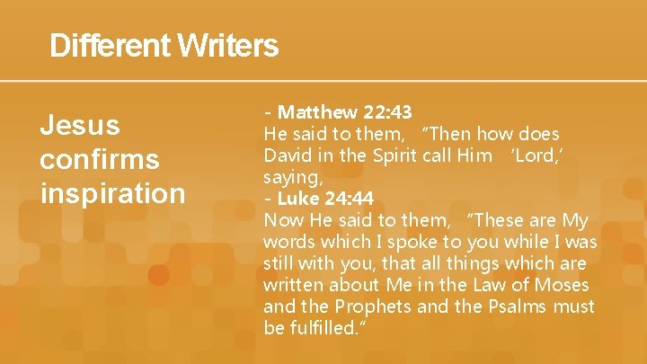 Different Writers Jesus confirms inspiration - Matthew 22: 43 He said to them, “Then