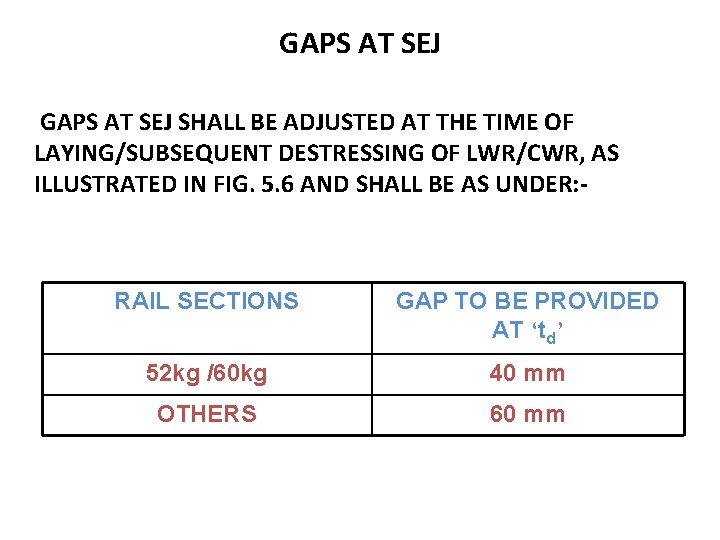 GAPS AT SEJ SHALL BE ADJUSTED AT THE TIME OF LAYING/SUBSEQUENT DESTRESSING OF LWR/CWR, GAPS AT SEJ SHALL BE ADJUSTED AT THE TIME OF LAYING/SUBSEQUENT DESTRESSING OF LWR/CWR,