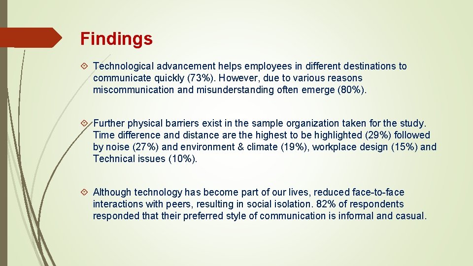 Findings Technological advancement helps employees in different destinations to communicate quickly (73%). However, due