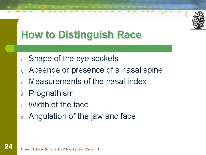 How to Distinguish Race o o o 24 Shape of the eye sockets Absence