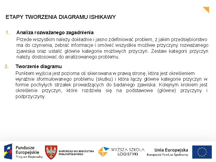 ETAPY TWORZENIA DIAGRAMU ISHIKAWY 1. Analiza rozważanego zagadnienia Przede wszystkim należy dokładnie i jasno