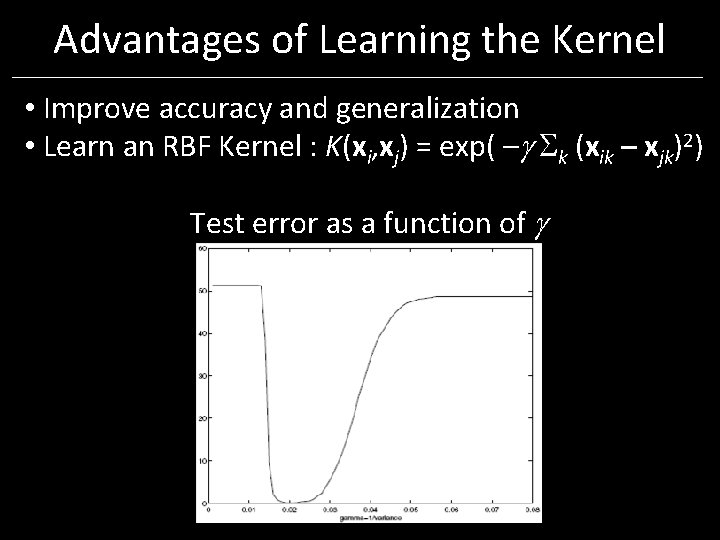 Advantages of Learning the Kernel • Improve accuracy and generalization • Learn an RBF Advantages of Learning the Kernel • Improve accuracy and generalization • Learn an RBF
