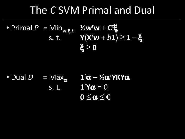 The C SVM Primal and Dual • Primal P = Minw, , b ½wtw The C SVM Primal and Dual • Primal P = Minw, , b ½wtw