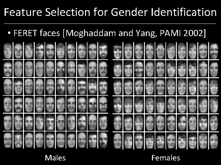 Feature Selection for Gender Identification • FERET faces [Moghaddam and Yang, PAMI 2002] Males