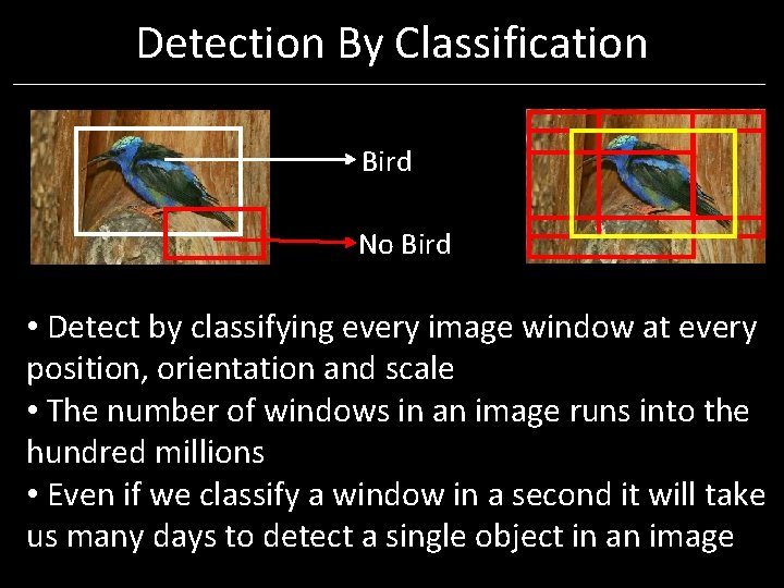 Detection By Classification Bird No Bird • Detect by classifying every image window at Detection By Classification Bird No Bird • Detect by classifying every image window at