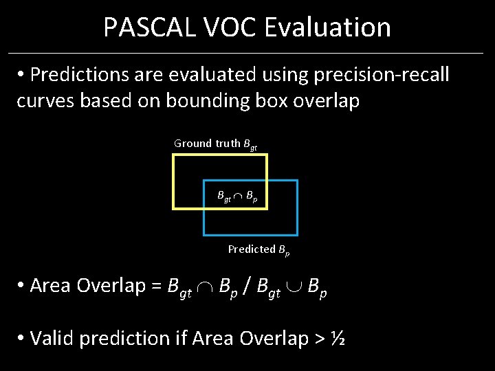 PASCAL VOC Evaluation • Predictions are evaluated using precision-recall curves based on bounding box PASCAL VOC Evaluation • Predictions are evaluated using precision-recall curves based on bounding box
