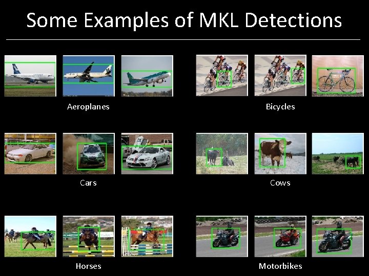 Some Examples of MKL Detections Aeroplanes Bicycles Cars Cows Horses Motorbikes Some Examples of MKL Detections Aeroplanes Bicycles Cars Cows Horses Motorbikes