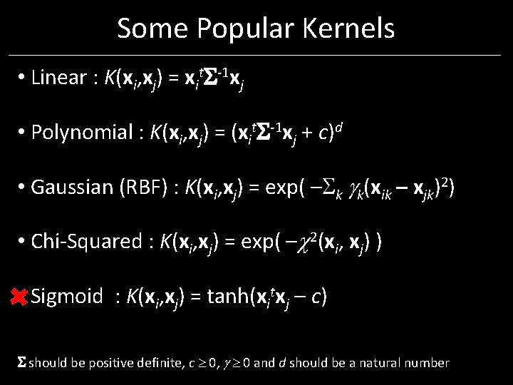 Some Popular Kernels • Linear : K(xi, xj) = xit -1 xj • Polynomial Some Popular Kernels • Linear : K(xi, xj) = xit -1 xj • Polynomial
