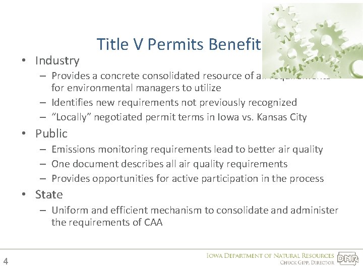  • Industry Title V Permits Benefit: – Provides a concrete consolidated resource of