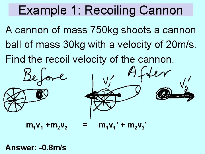 Example 1: Recoiling Cannon A cannon of mass 750 kg shoots a cannon ball