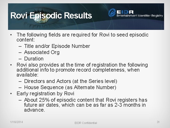 Rovi Episodic Results • The following fields are required for Rovi to seed episodic