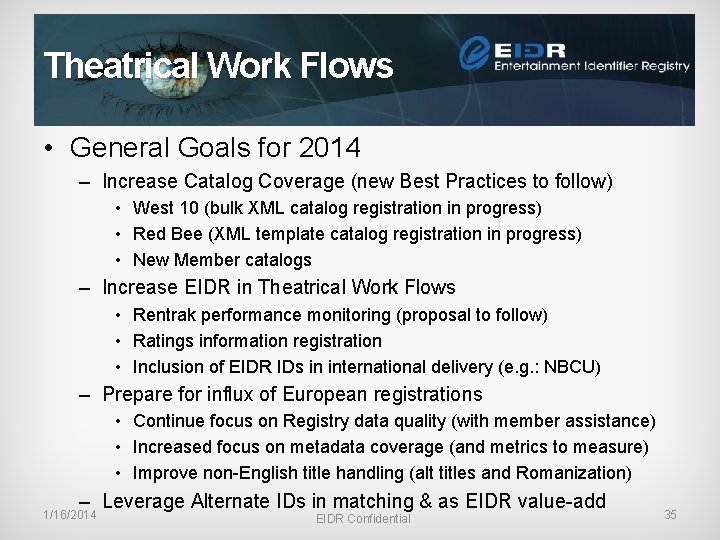 Theatrical Work Flows • General Goals for 2014 – Increase Catalog Coverage (new Best