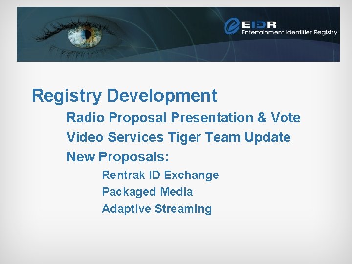 Registry Development Radio Proposal Presentation & Vote Video Services Tiger Team Update New Proposals: