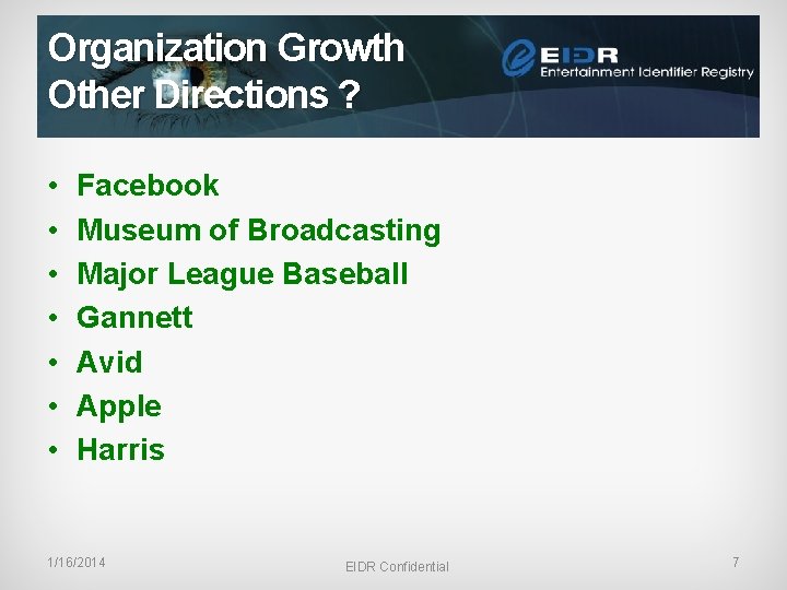 Organization Growth Other Directions ? • • Facebook Museum of Broadcasting Major League Baseball