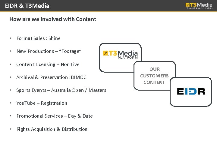 EIDR & T 3 Media How are we involved with Content • Format Sales