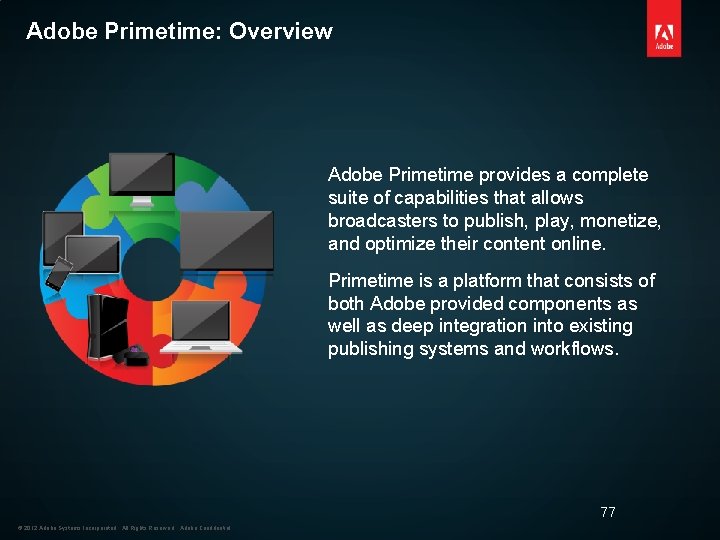 Adobe Primetime: Overview Adobe Primetime provides a complete suite of capabilities that allows broadcasters