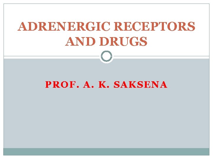 ADRENERGIC RECEPTORS AND DRUGS PROF. A. K. SAKSENA 
