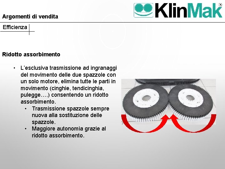 Argomenti di vendita Efficienza Ridotto assorbimento • L’esclusiva trasmissione ad ingranaggi del movimento delle