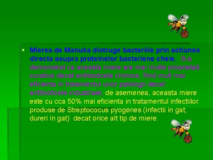 § Mierea de Manuka distruge bacteriile prin actiunea directa asupra proteinelor bacteriene cheie. S-a