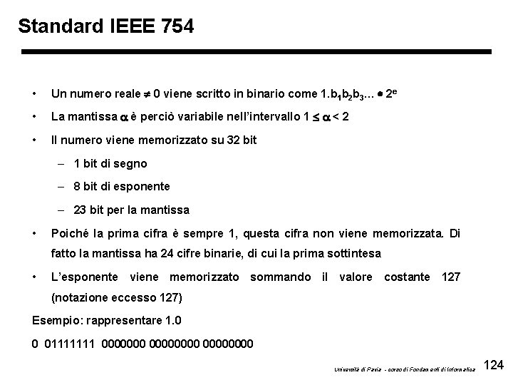 Standard IEEE 754 • Un numero reale 0 viene scritto in binario come 1.