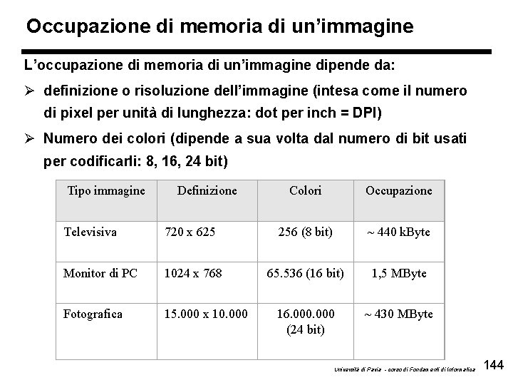 Occupazione di memoria di un’immagine L’occupazione di memoria di un’immagine dipende da: Ø definizione