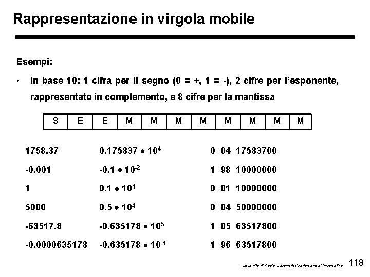 Rappresentazione in virgola mobile Esempi: • in base 10: 1 cifra per il segno