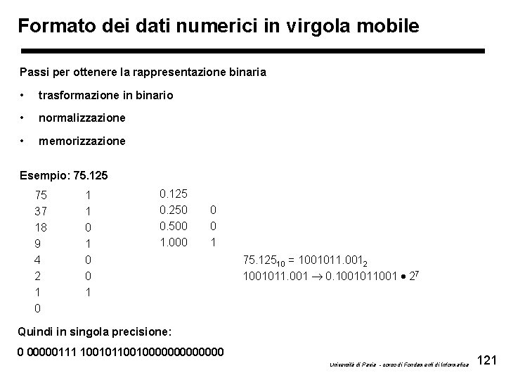 Formato dei dati numerici in virgola mobile Passi per ottenere la rappresentazione binaria •