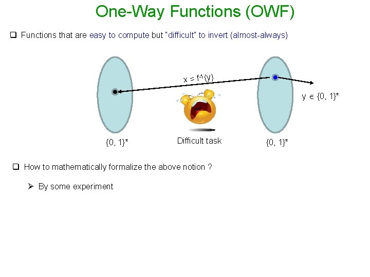 One-Way Functions (OWF) q Functions that are easy to compute but “difficult” to invert