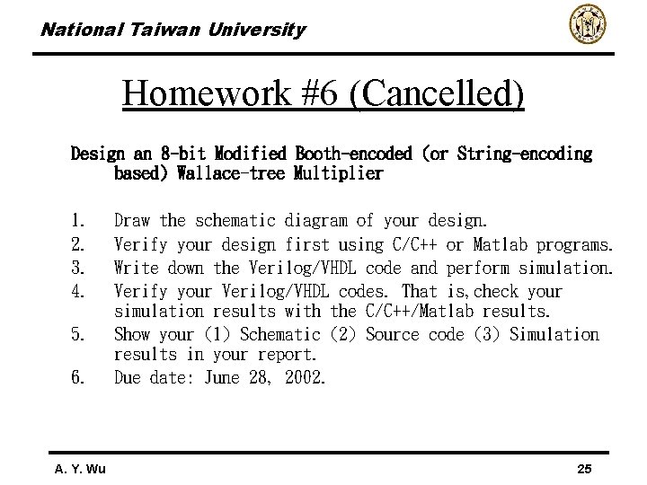 National Taiwan University Homework #6 (Cancelled) Design an 8 -bit Modified Booth-encoded (or String-encoding