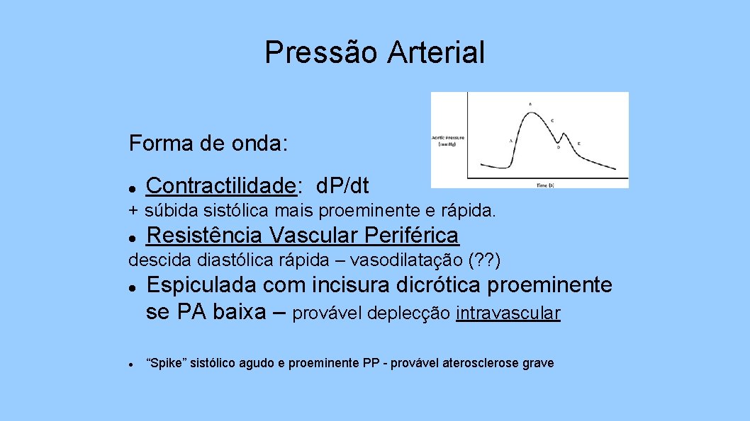 Pressão Arterial Forma de onda: Contractilidade: d. P/dt + súbida sistólica mais proeminente e
