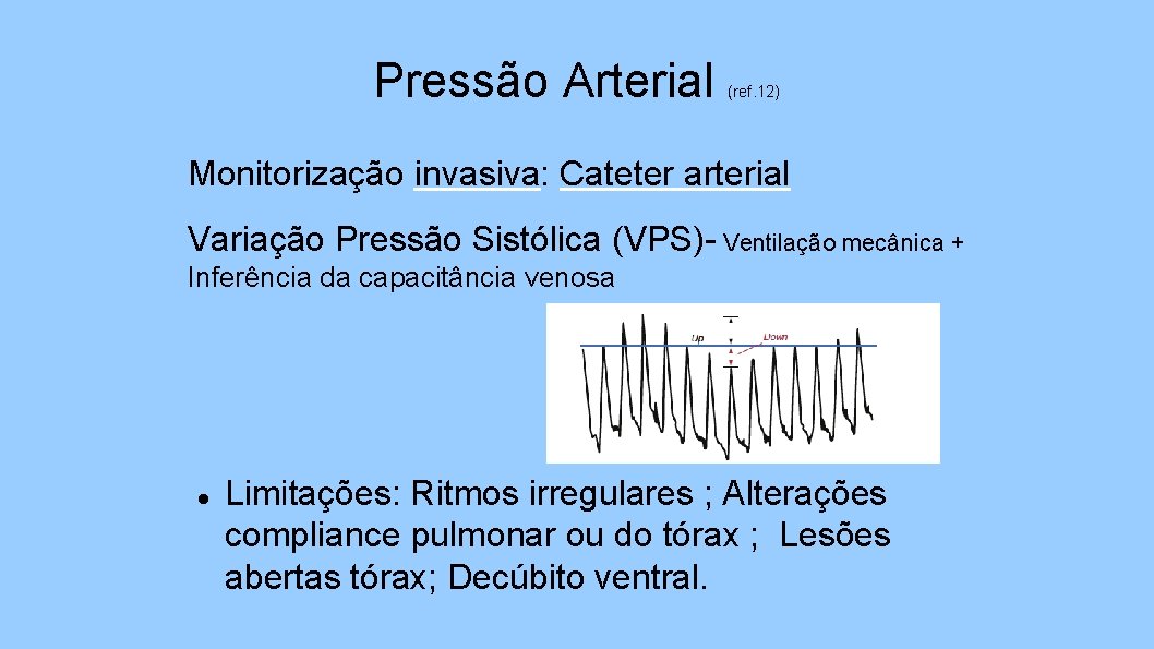 Pressão Arterial (ref. 12) Monitorização invasiva: Cateter arterial Variação Pressão Sistólica (VPS)- Ventilação mecânica