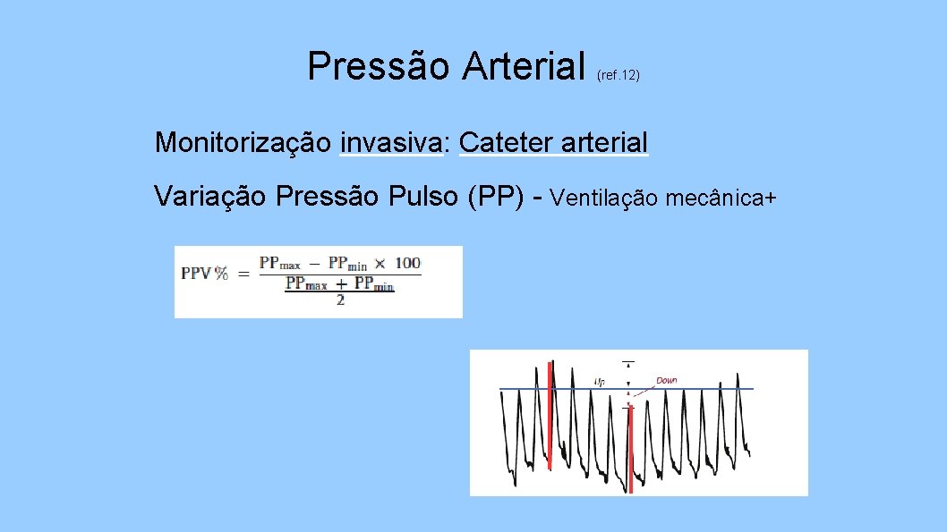 Pressão Arterial (ref. 12) Monitorização invasiva: Cateter arterial Variação Pressão Pulso (PP) - Ventilação