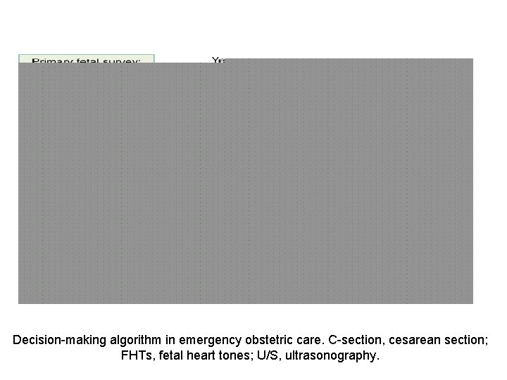 Decision-making algorithm in emergency obstetric care. C-section, cesarean section; FHTs, fetal heart tones; U/S,