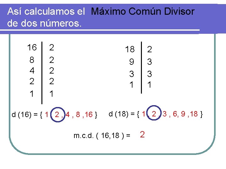 Así calculamos el Máximo Común Divisor de dos números. 16 8 4 2 1