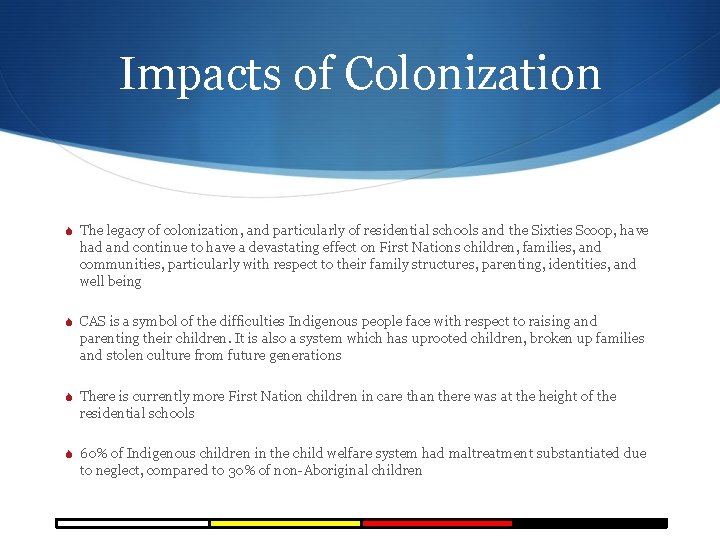 Impacts of Colonization S The legacy of colonization, and particularly of residential schools and