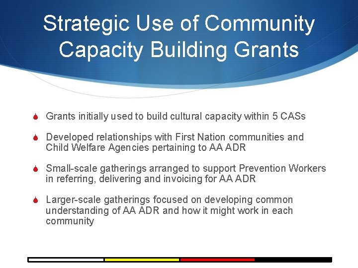 Strategic Use of Community Capacity Building Grants S Grants initially used to build cultural