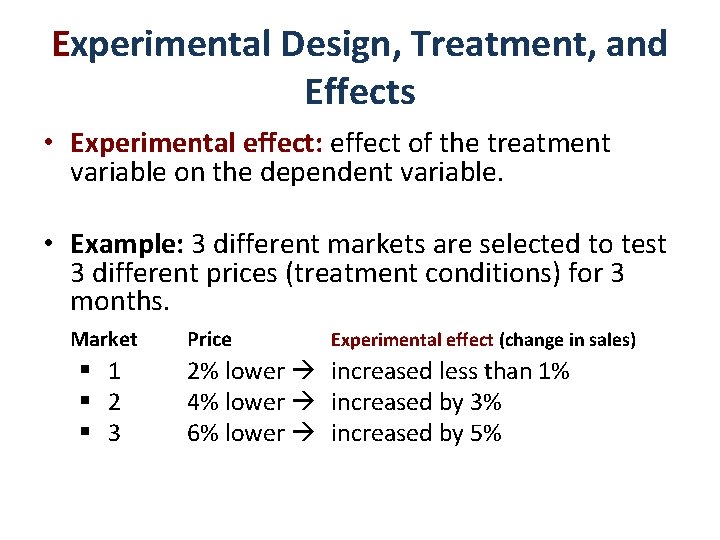 Experimental Design, Treatment, and Effects • Experimental effect: effect of the treatment variable on Experimental Design, Treatment, and Effects • Experimental effect: effect of the treatment variable on