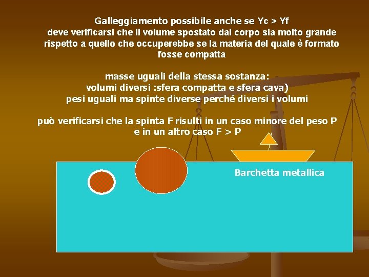 Galleggiamento possibile anche se Υc > Υf deve verificarsi che il volume spostato dal