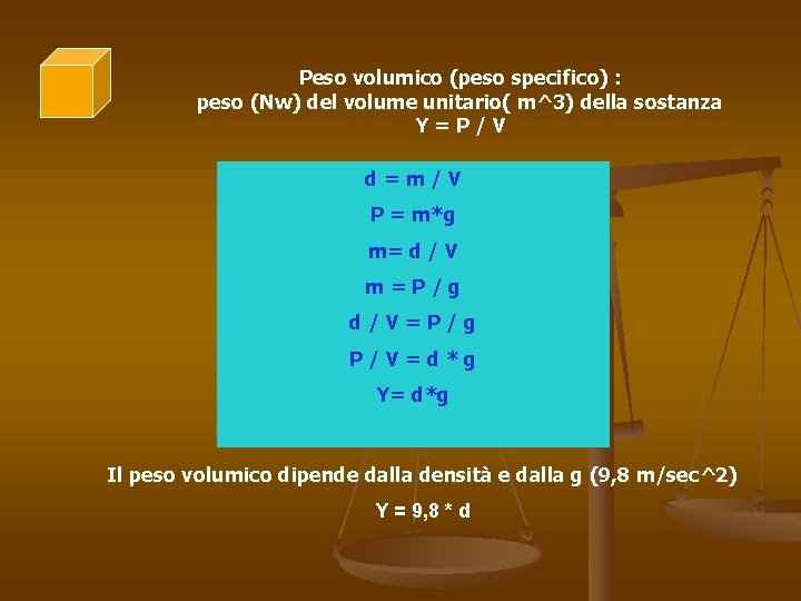 Peso volumico (peso specifico) : peso (Nw) del volume unitario( m^3) della sostanza Υ=P/V