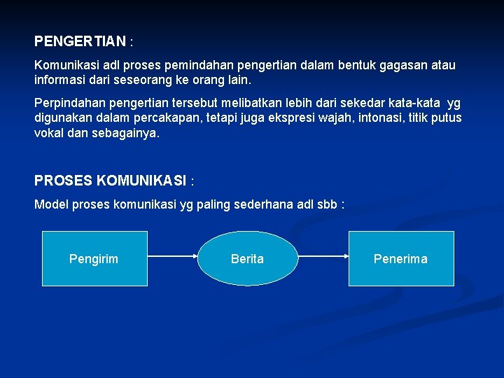 PENGERTIAN : Komunikasi adl proses pemindahan pengertian dalam bentuk gagasan atau informasi dari seseorang