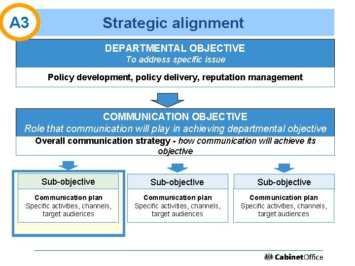 A 3 Strategic alignment DEPARTMENTAL OBJECTIVE To address specific issue Policy development, policy delivery,