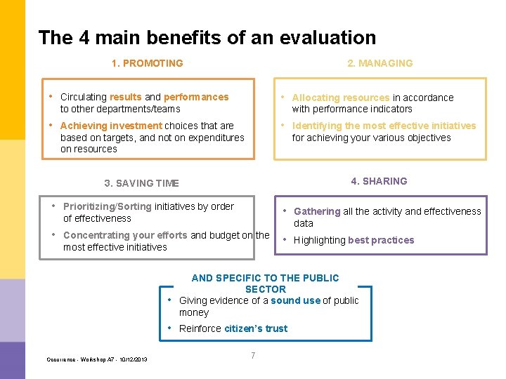 The 4 main benefits of an evaluation 1. PROMOTING 2. MANAGING • Circulating results