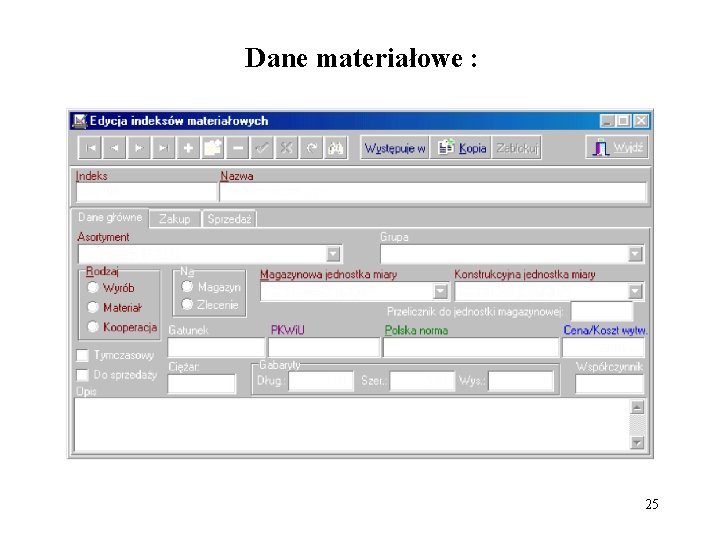 Dane materiałowe : 25 