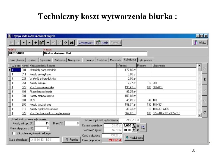Techniczny koszt wytworzenia biurka : 31 Techniczny koszt wytworzenia biurka : 31