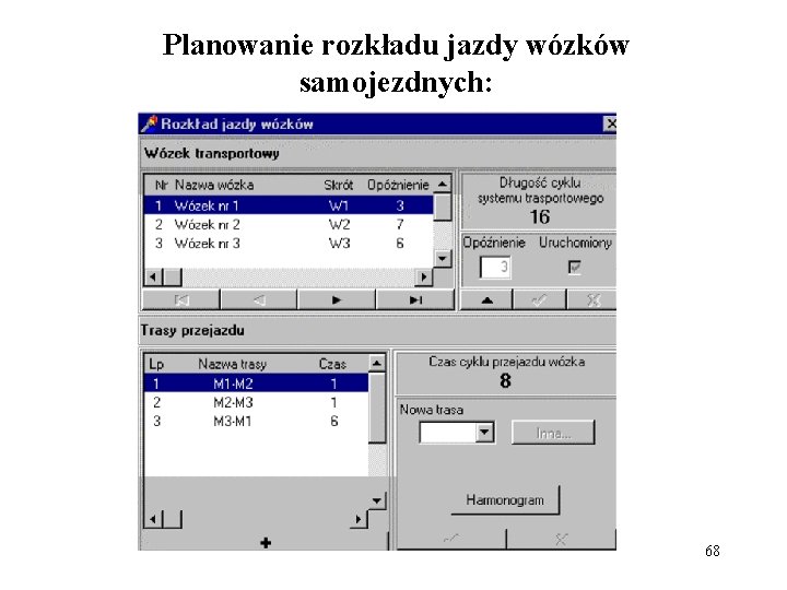 Planowanie rozkładu jazdy wózków samojezdnych: 68 