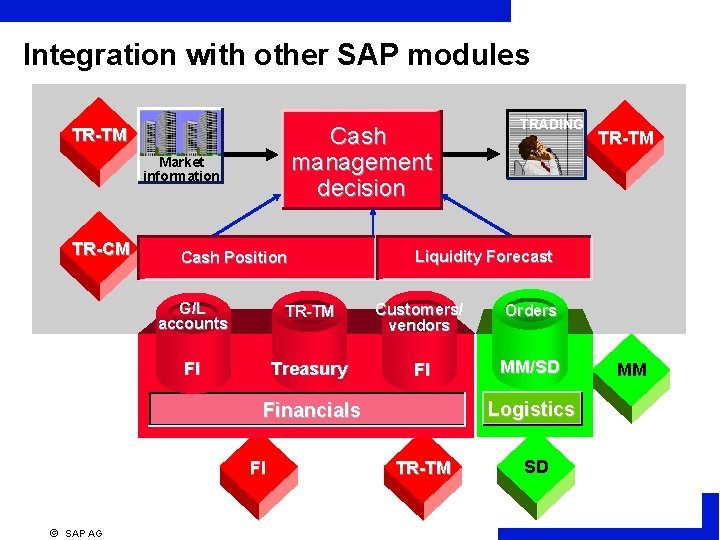 Integration with other SAP modules Cash management decision TR-TM Market information TR-CM Cash Position
