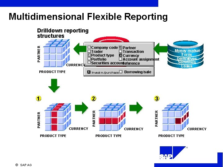 Multidimensional Flexible Reporting PARTNER Drilldown reporting structures X Company code X Partner Trader Transaction