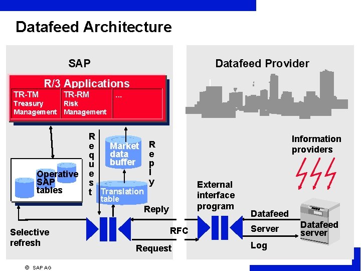Datafeed Architecture SAP Datafeed Provider R/3 Applications TR-TM TR-RM . . . Treasury Risk